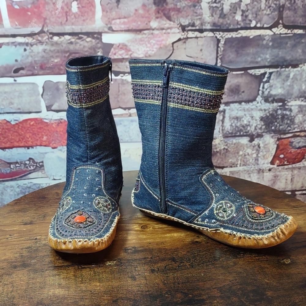 Bamboo Embellished Denim Moccasin Style Ankle Boots